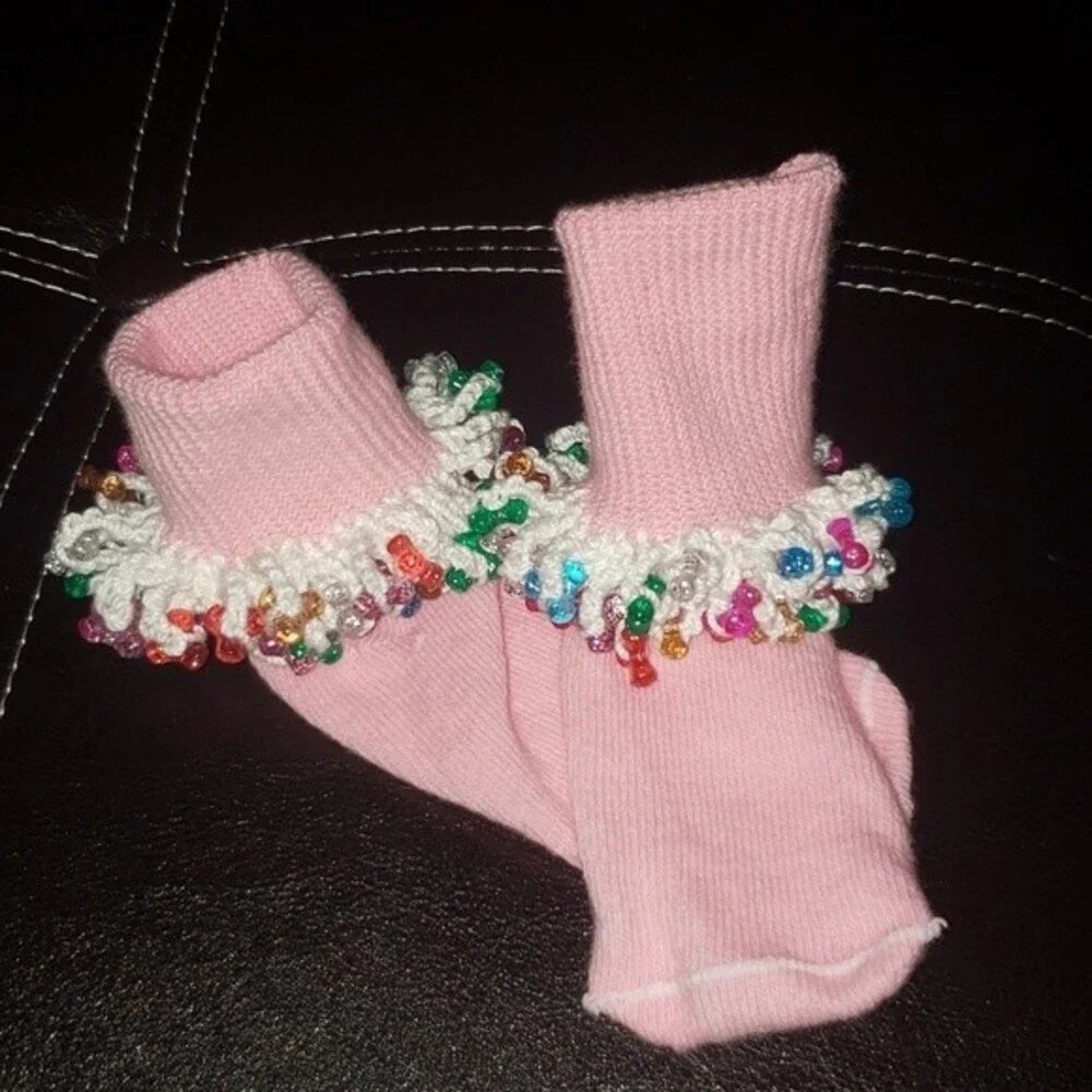 Crochet Beaded socks Size 2/3 Toddler Homemade!